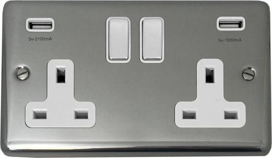Contour Polished Steel 2 Gang Socket + Usb