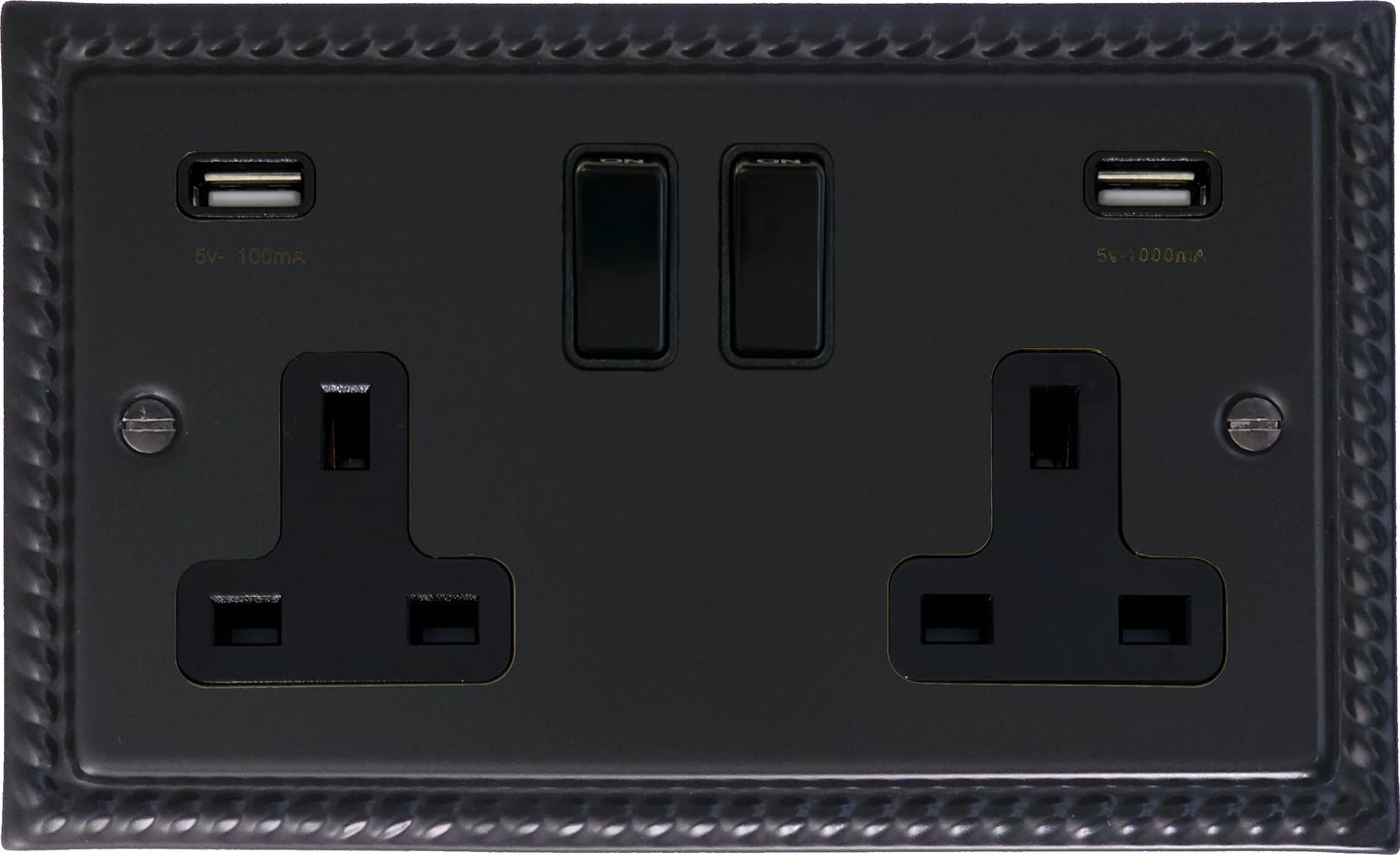 Georgian Flat Black 2 Gang Socket with USB