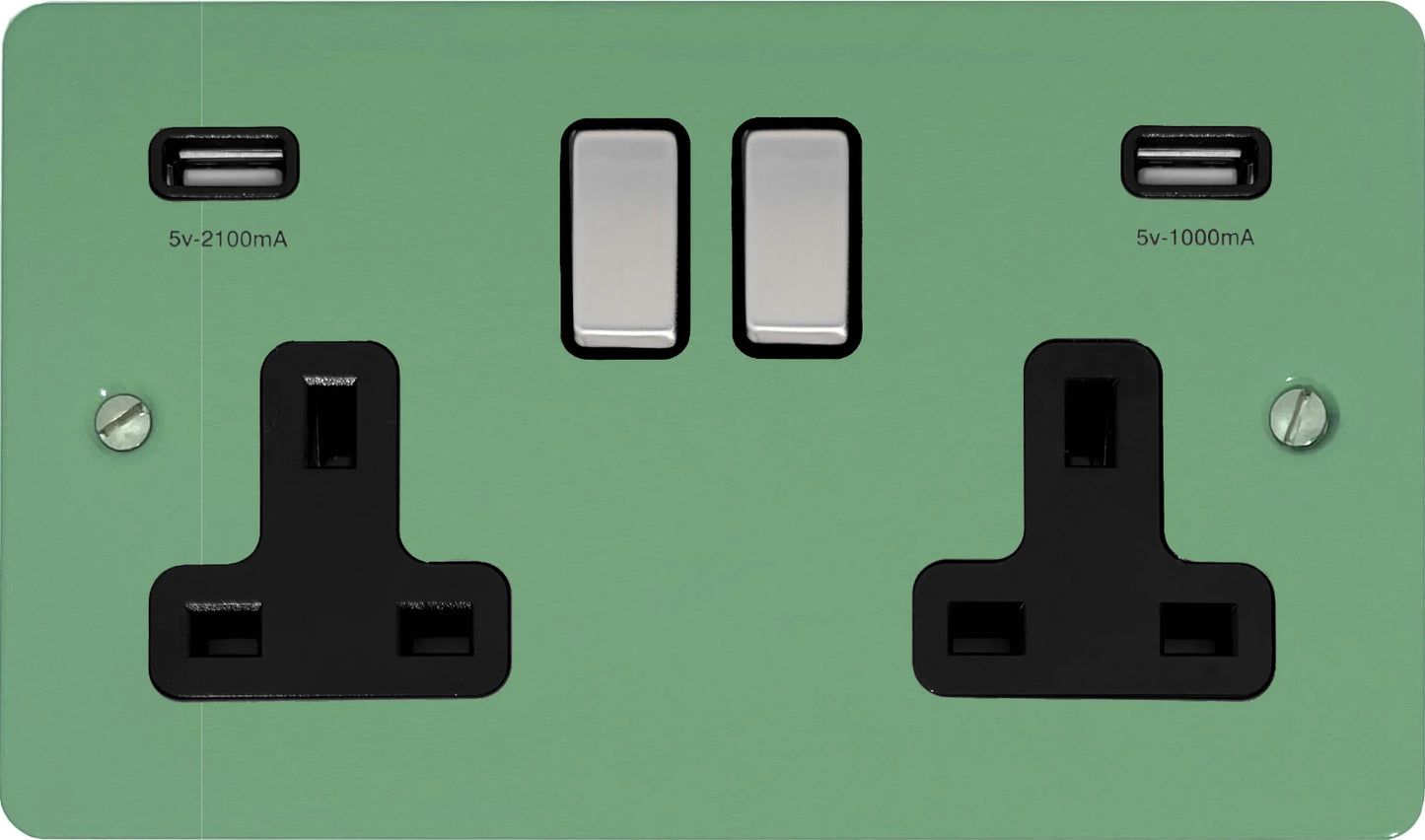 Flat Sage Green 2 Gang Socket with USB (Satin Chrome Switch/Black Insert)