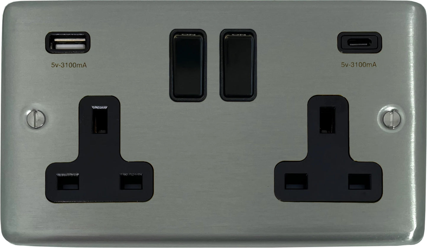 Contour Brushed Steel 2 Gang Socket with USBC