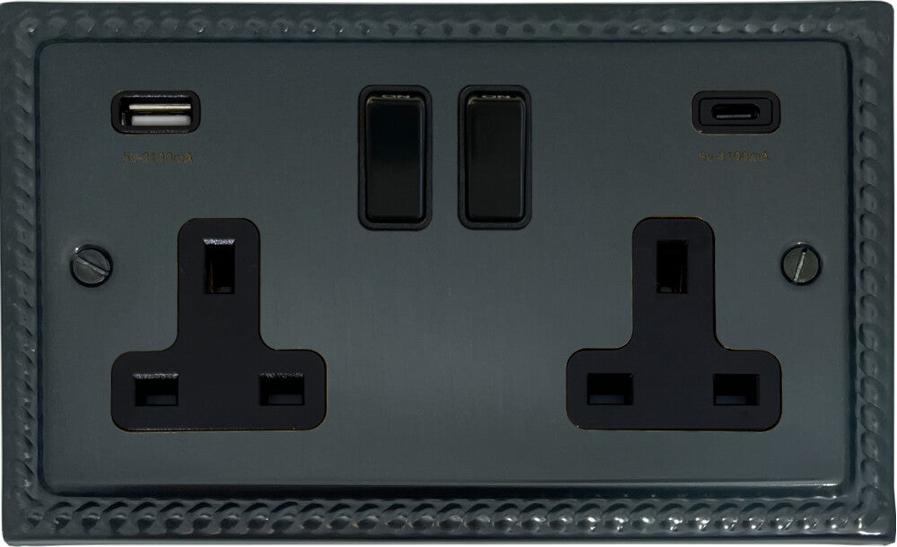 Georgian Black Bronze 2 Gang Socket with USBC (Black Switches)