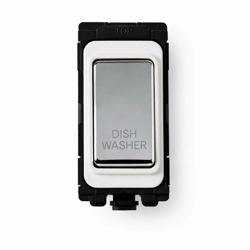 20A DP Switch - Engraved with - Dishwasher - White and Polished Chrome Switch