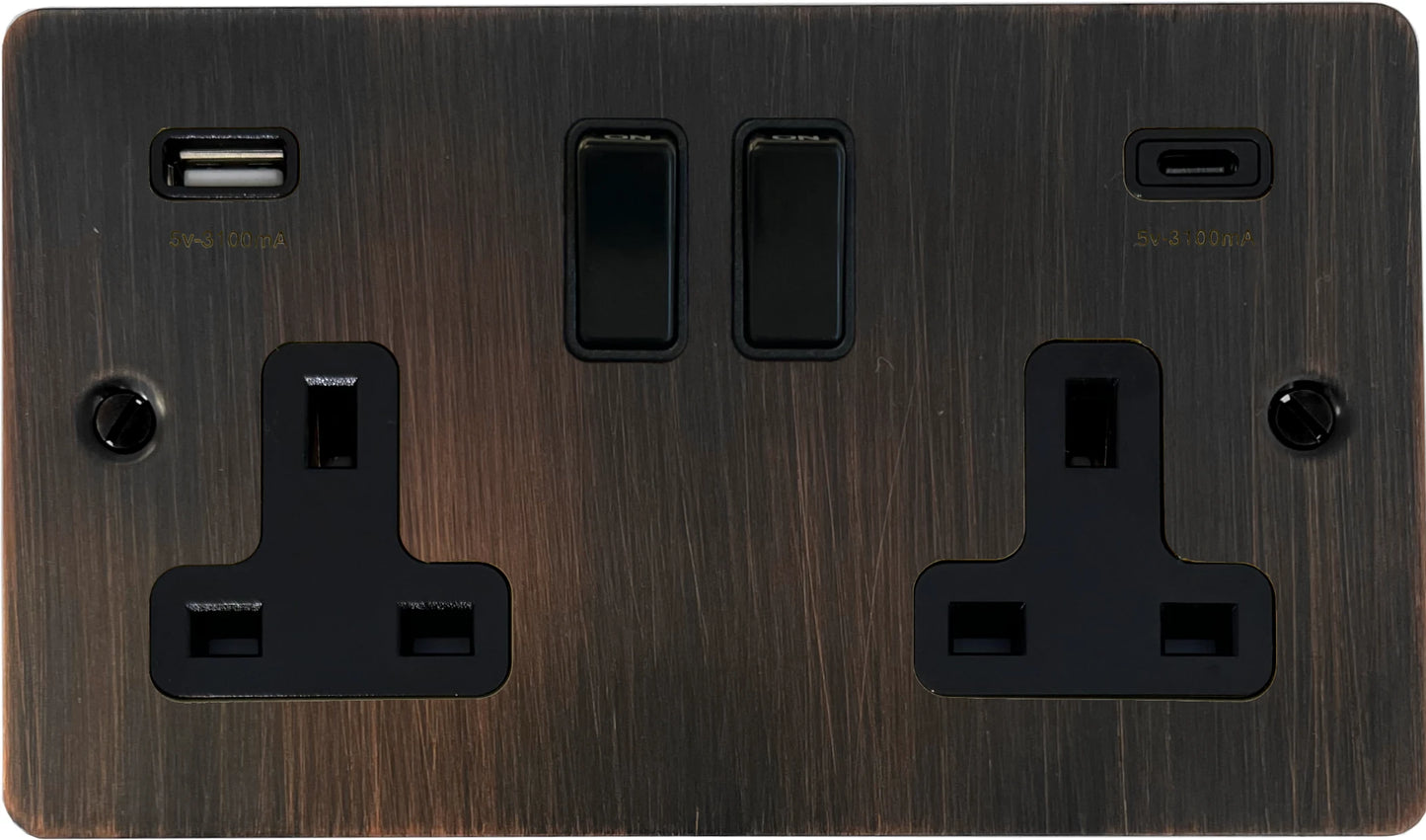 Flat Antique Copper 2 Gang Socket with USBC