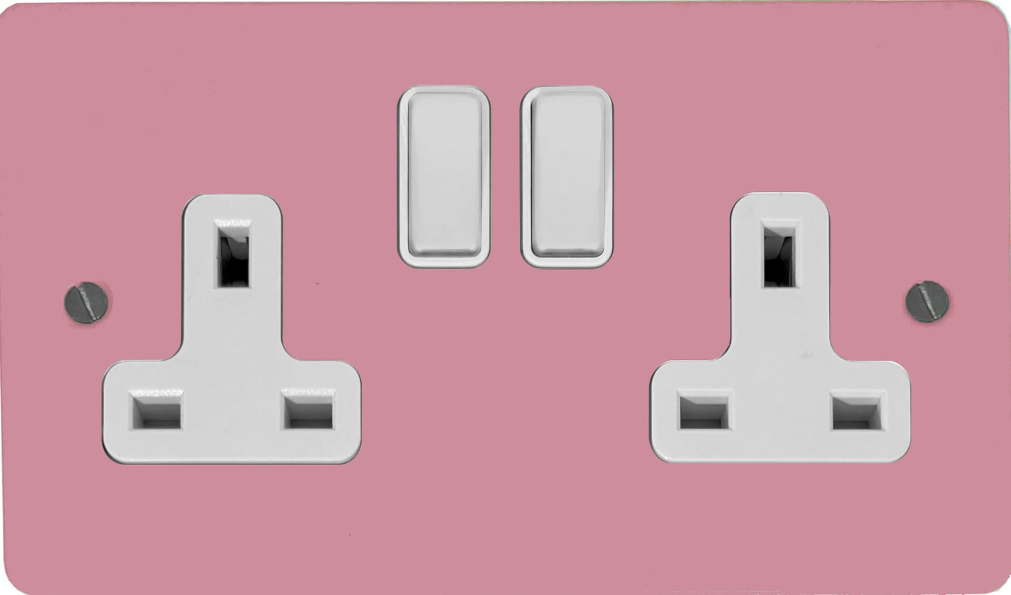 Flat Gloss Pink 2 Gang Socket (White Switches)
