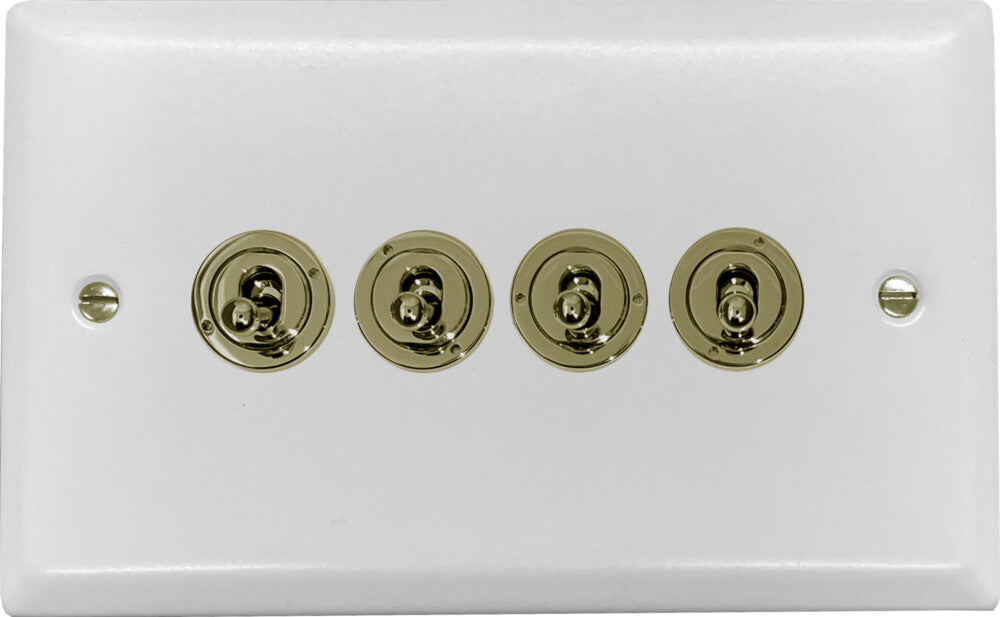 Spectrum Flat White 4 Gang Toggle (Polished Brass Toggle)