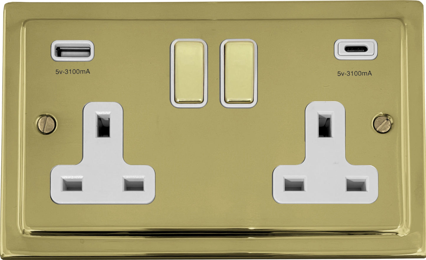 Victorian Unlacquered Brass 2 Gang Socket C/W USBC Port (White Insert) - Victorian Cast range electrical socket
