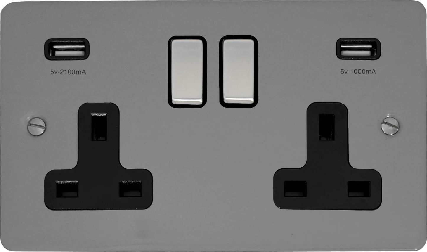 Flat Light Grey 2 Gang Socket C/W Usb Ports
