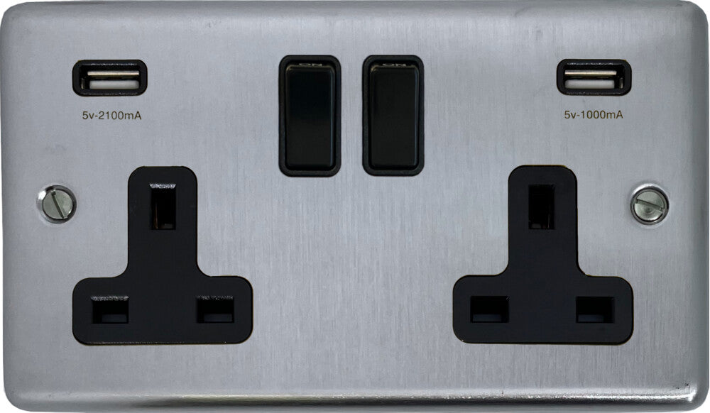 Contour Satin Chrome 2 Gang Socket with USB
