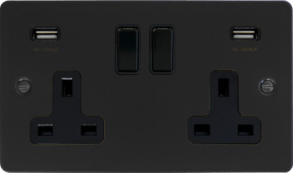 Flat Black 2 Gang Socket with USB (Black Switches)