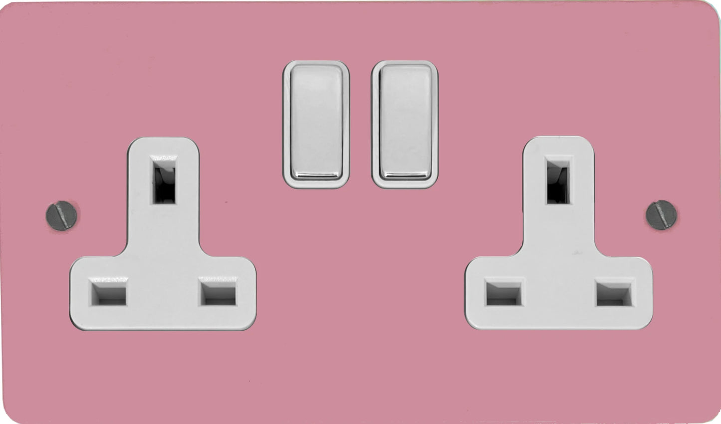 Flat Gloss Pink 2 Gang Socket (Polished Chrome Switches/White Inserts)