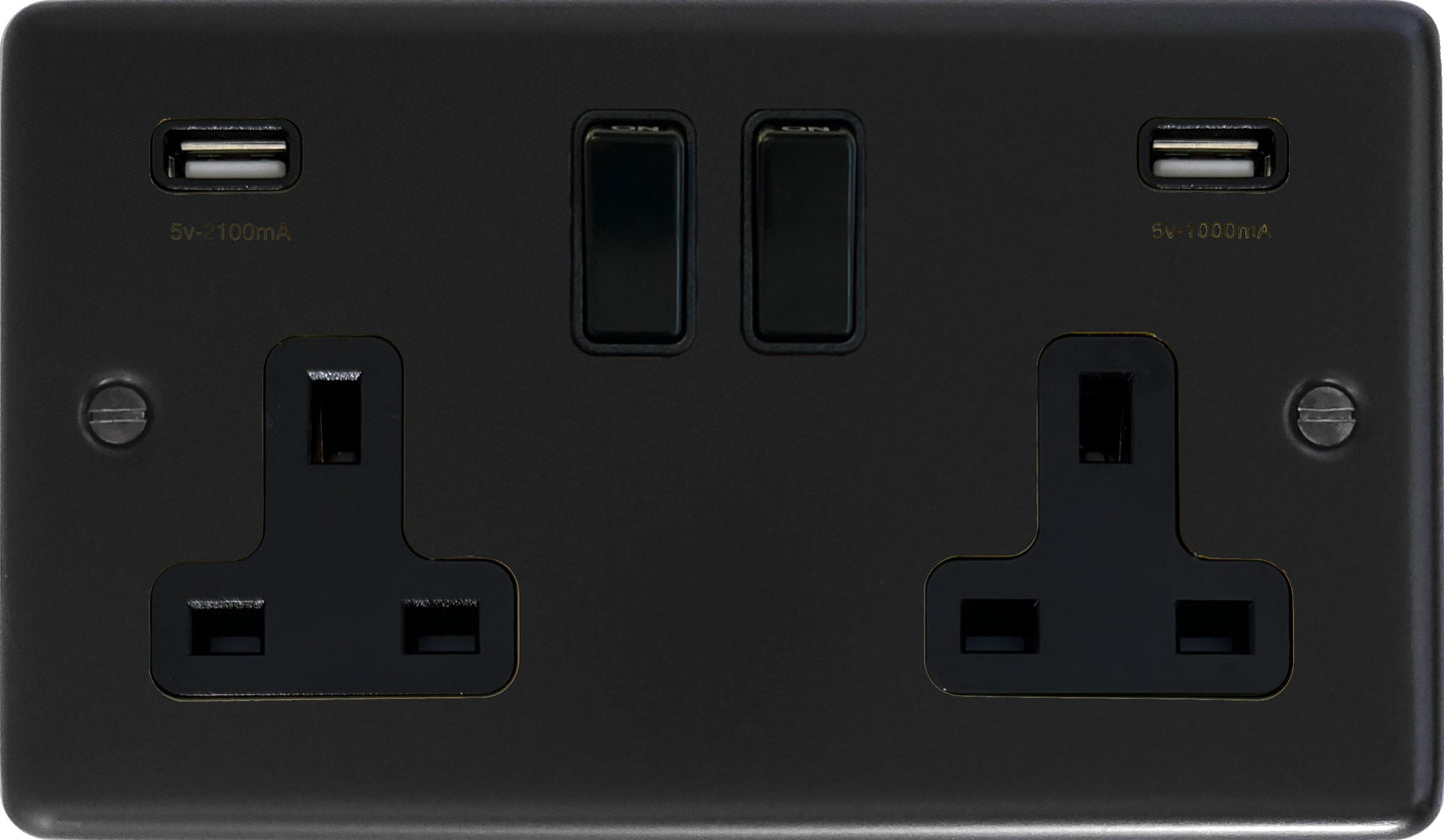 Contour Flat Black 2 Gang Socket with USB (Black Switches)