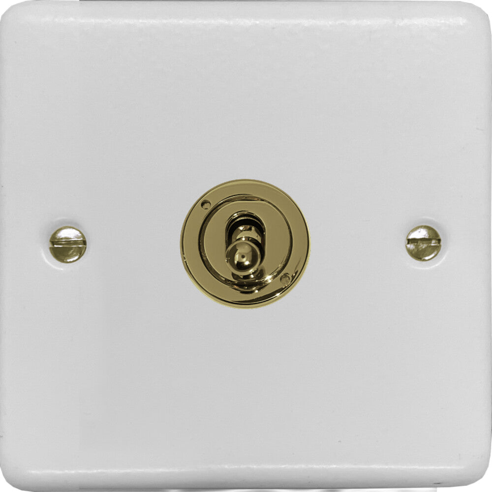 Contour Flat White 1 Gang Toggle (Polished Brass Toggle)
