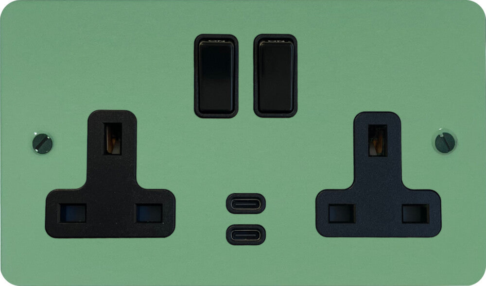 Flat Sage Green 2 Gang Socket with USBC (Black Switches)