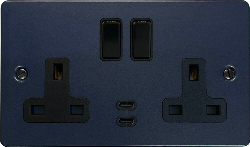 Flat Blue 2 Gang Socket with USBC (Black Switches)