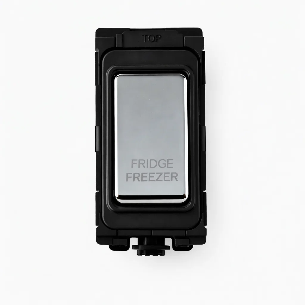 20A DPole Switch - Engraved with Fridge Freezer (White + Polished Chrome Switch)