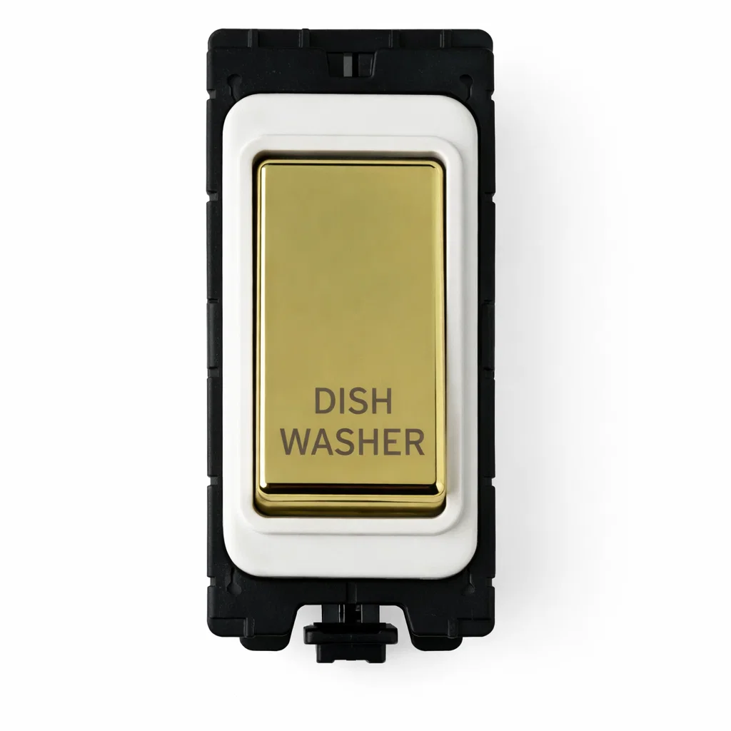 20A DP Switch - Engraved with - Dishwasher - White and Polished Brass Switch