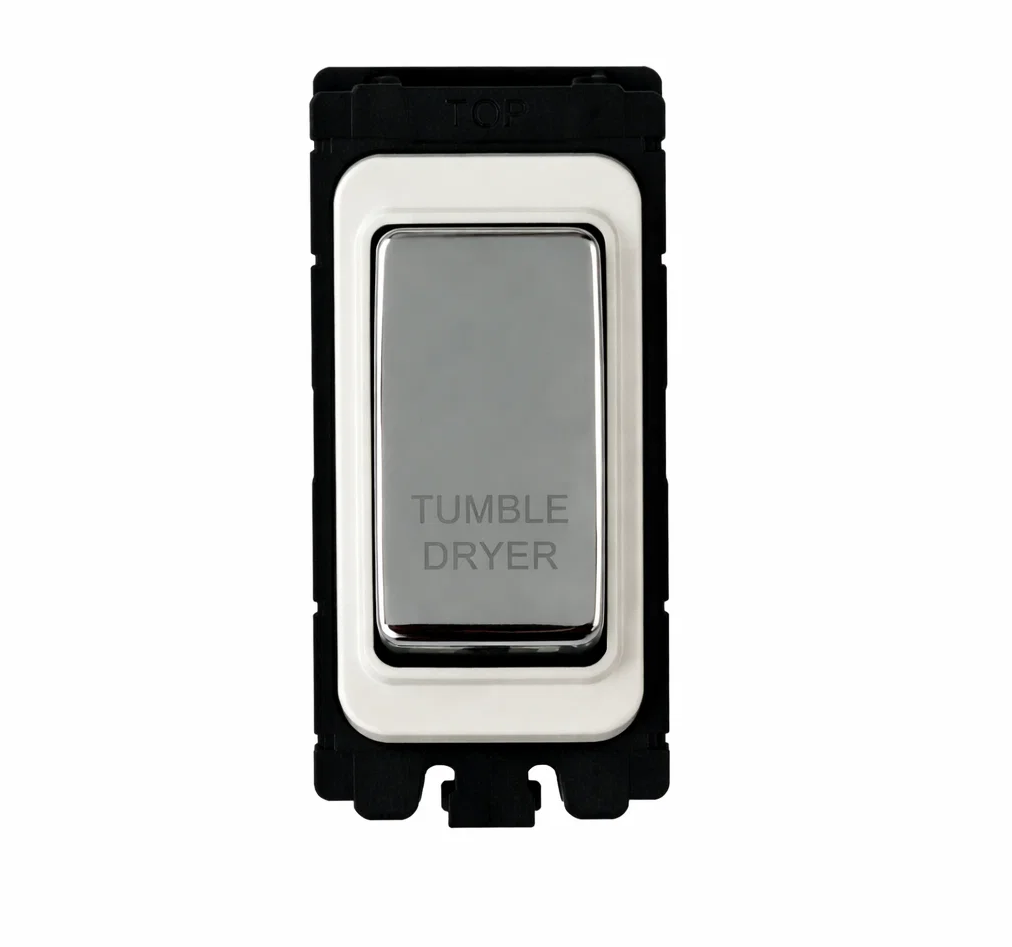 20A DP Switch - Engraved with - Tumble Dryer - White and Polished Chrome Switch