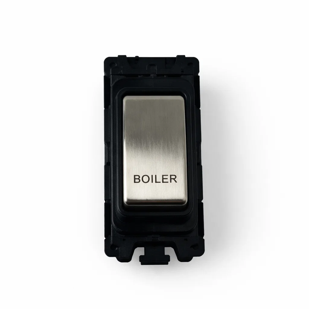 20A Engraved DP Switch - Boiler - Black and Satin Chrome Switch