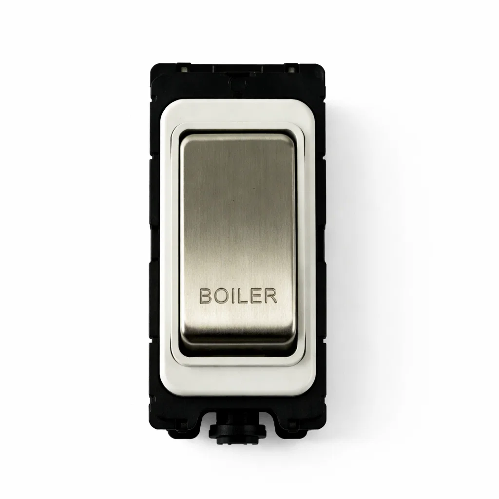 20A DP Switch - Engraved with - Boiler - White and Satin Chrome Switch