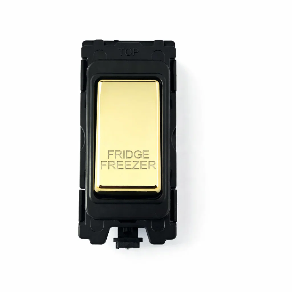 20A DP Switch - Engraved - Fridge Freezer - Black and Polished Brass Switch