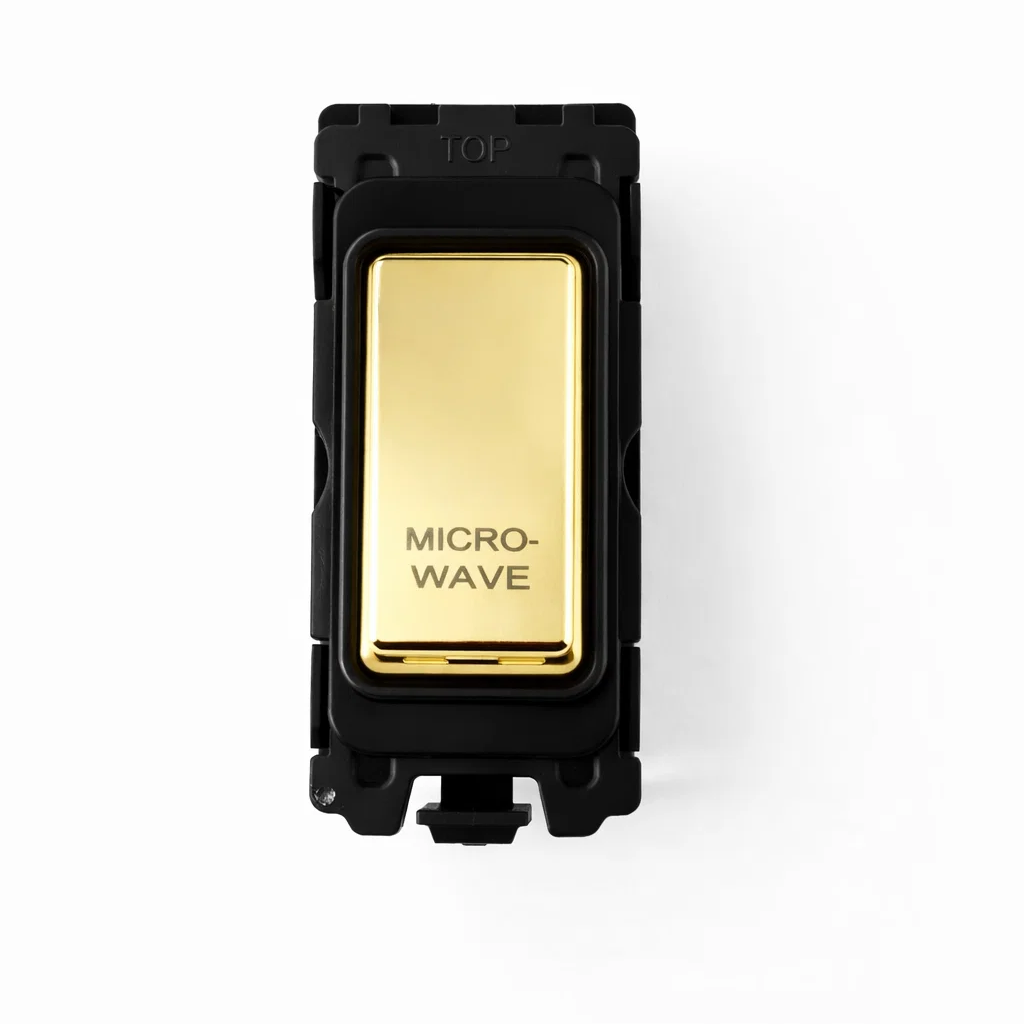 20A DP Switch - Engraved Microwave- Black and Polished Brass Switch