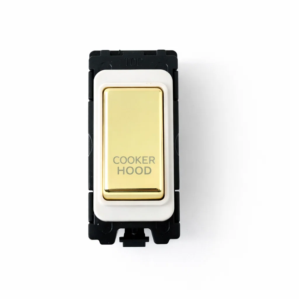 20A DP Switch - Engraved with - Cooker Hood - White and Polished Brass Switch