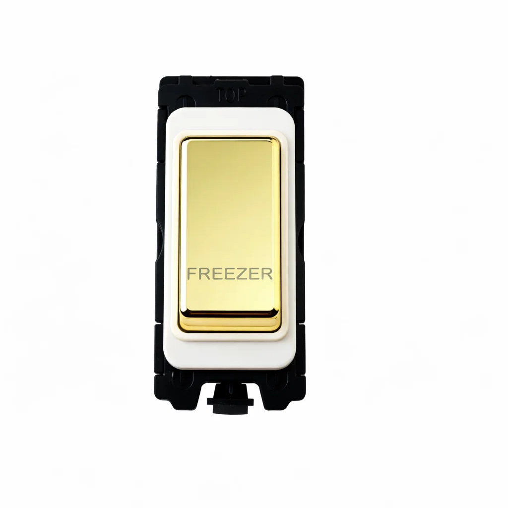 20A DP Switch - Engraved with - Freezer - White and Polished Brass Switch
