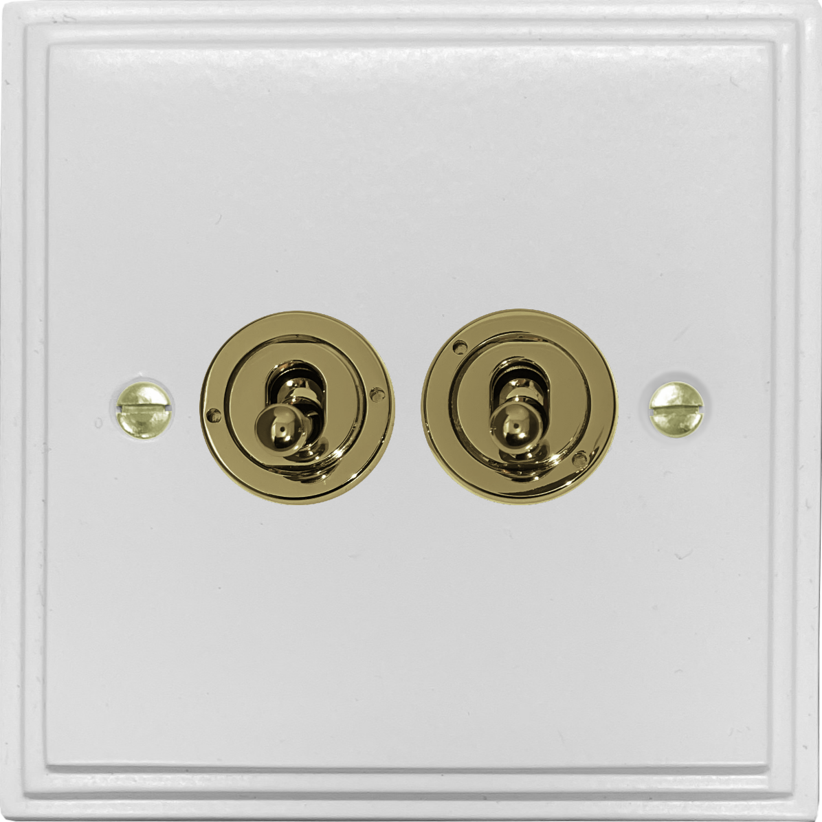 Victorian Flat White 2 Gang Toggle Switch (Polished Brass Toggle)