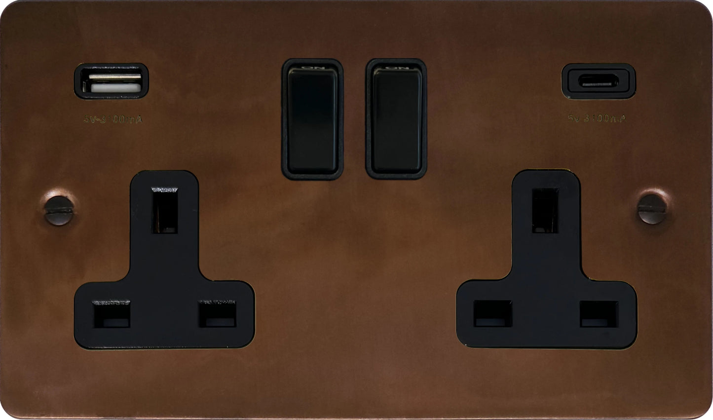 Flat Tarnished Copper 2 Gang Socket with USBC
