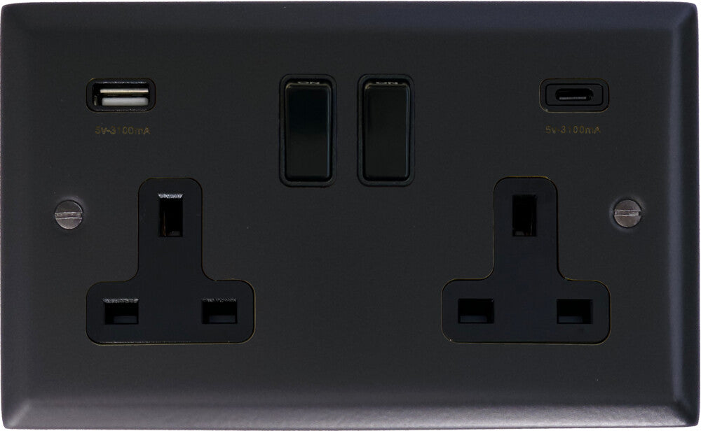 Spectrum Flat Black 2 Gang Socket with USBC