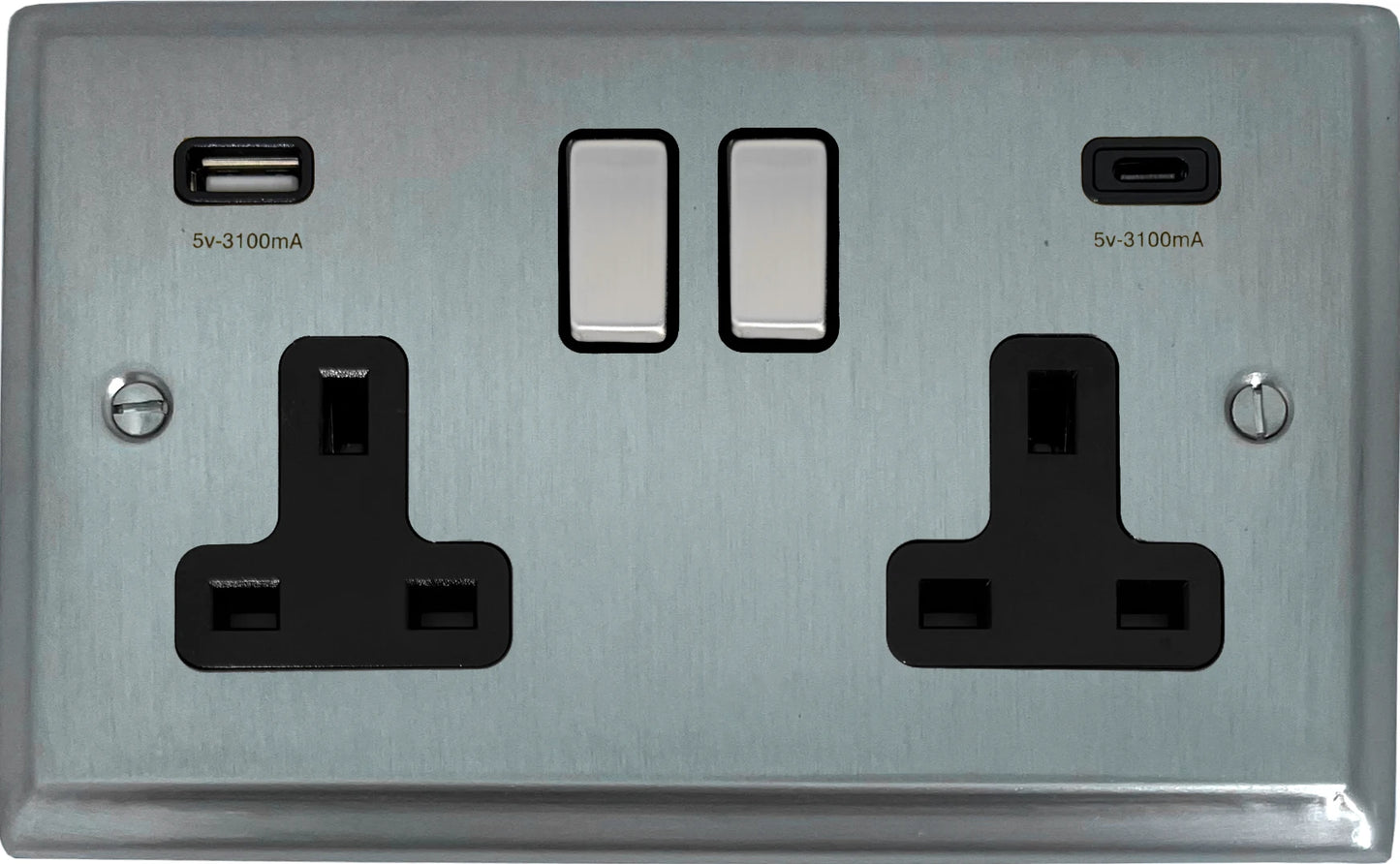Deco Satin Chrome 2 Gang Socket C/W USBC Ports