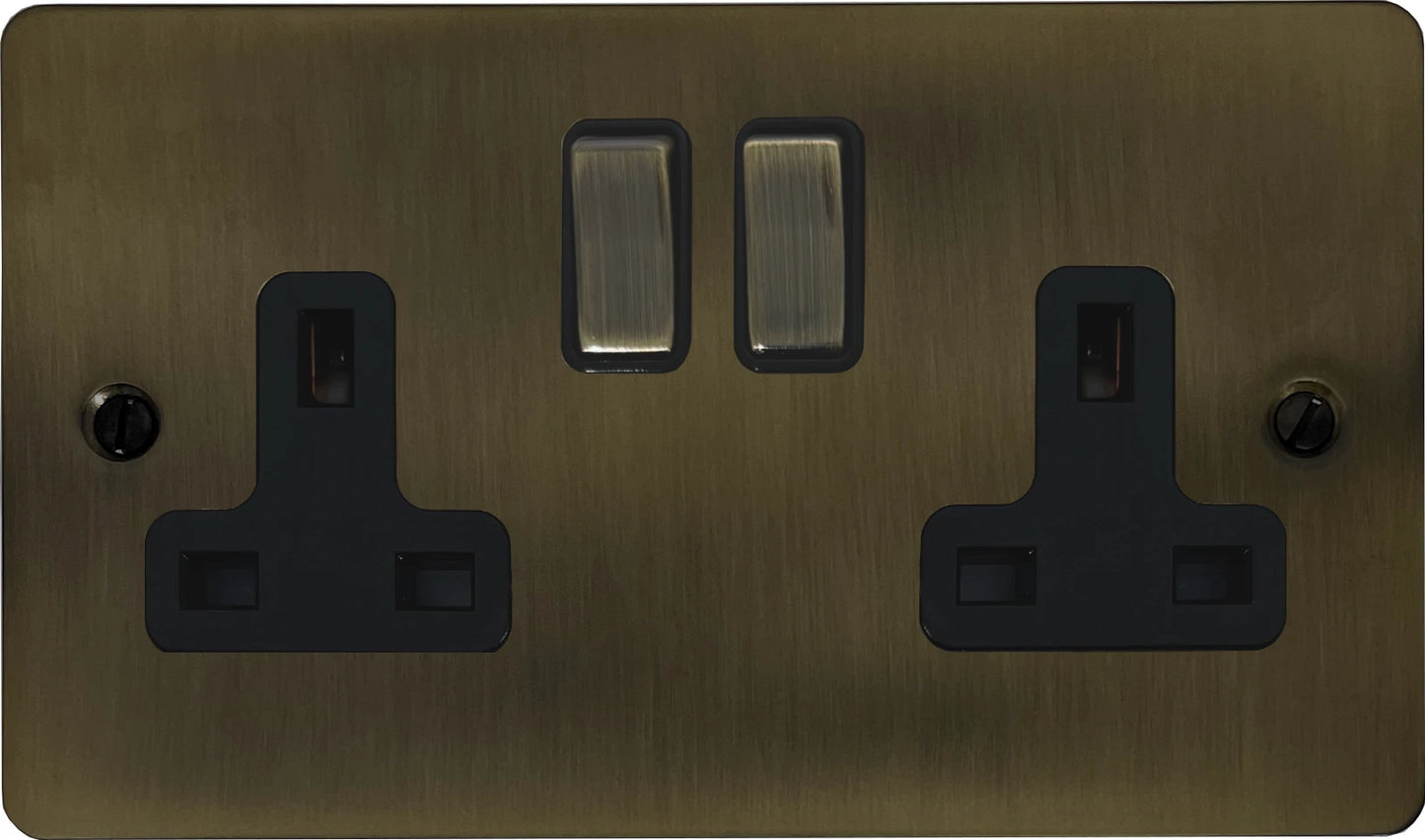 Flat Antique Brass 2 Gang Socket (Brass Switches)