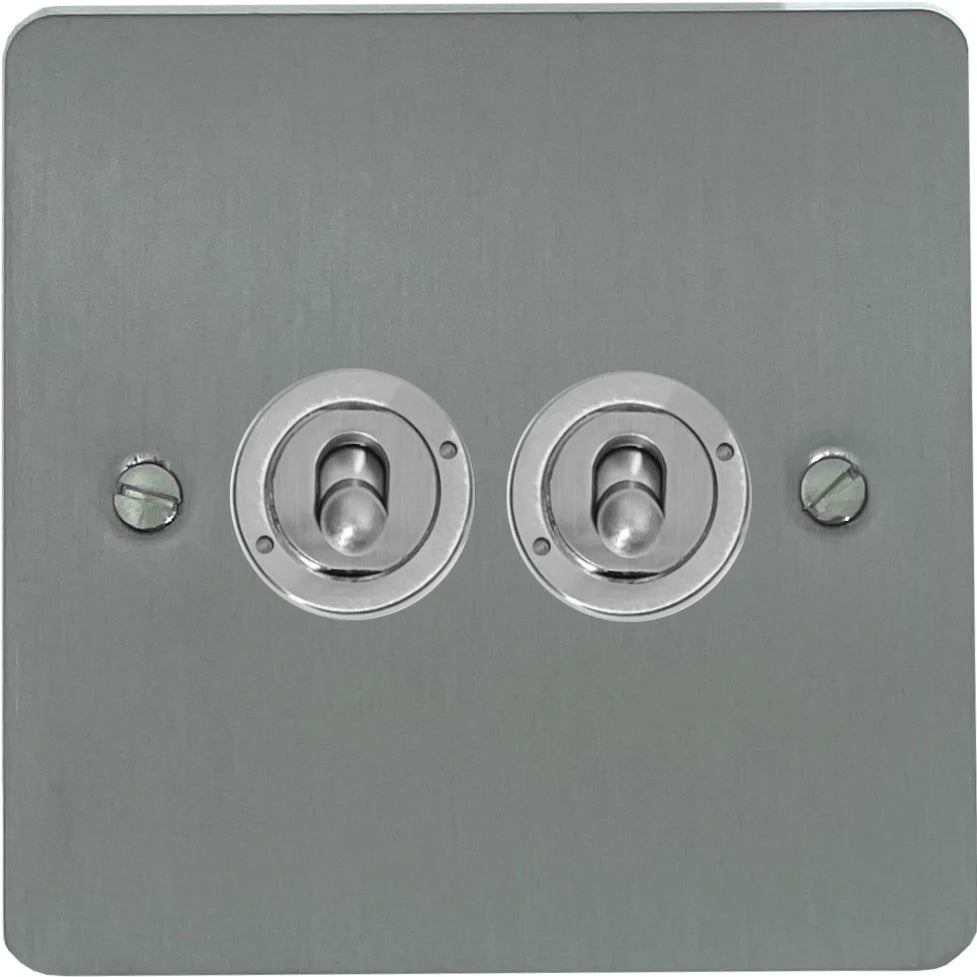 Flat Brushed Steel 2 Gang Toggle Switch