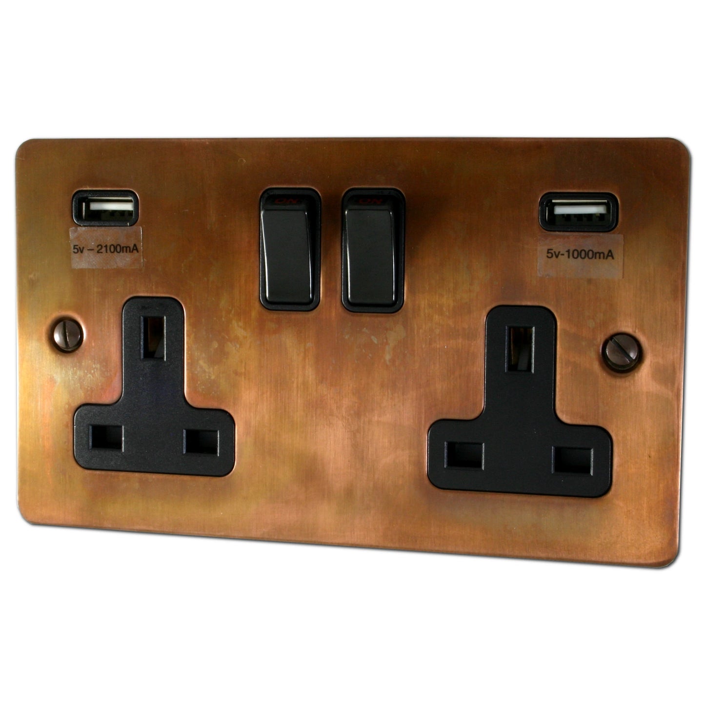 Flat Tarnished Copper 2 Gang Socket with USB
