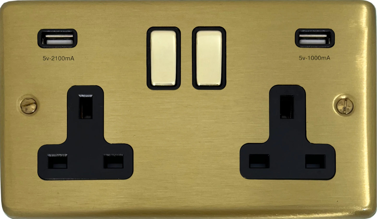 Contour Satin Brass 2 Gang Socket C/W Usb Ports