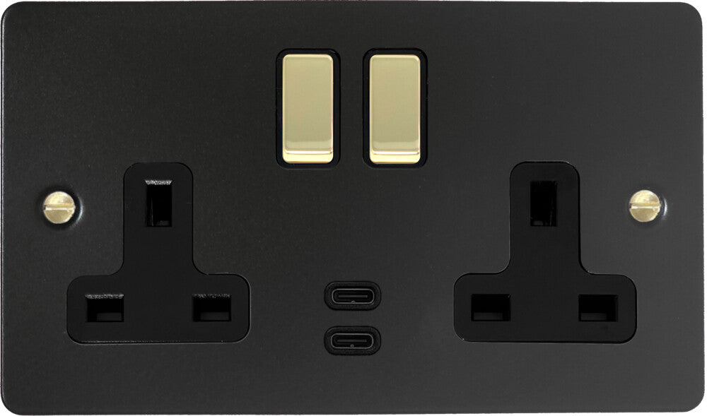 Flat Black 2 Gang USB C Socket (Brass Switches)