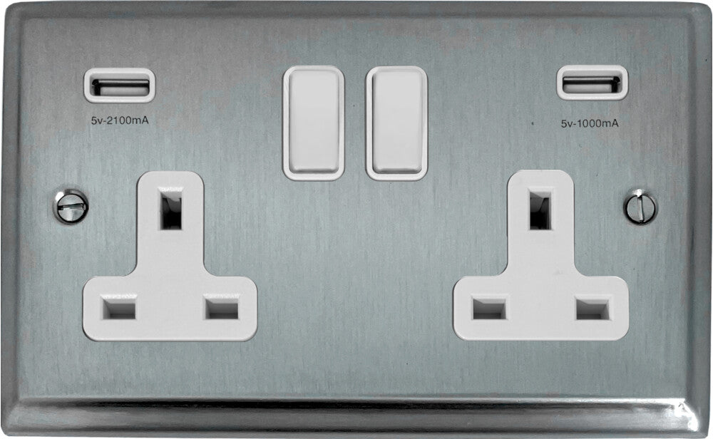Deco Satin Chrome 2 Gang Socket C/W Usb Ports