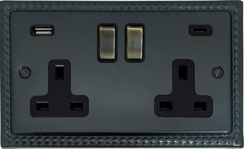 Georgian Black Bronze 2 Gang USBC Socket (Antique Brass Switches)