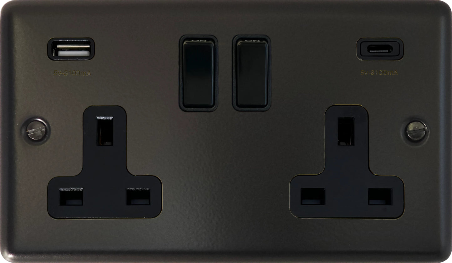 Contour Flat Black 2 Gang Socket with USBC (Black Switches)