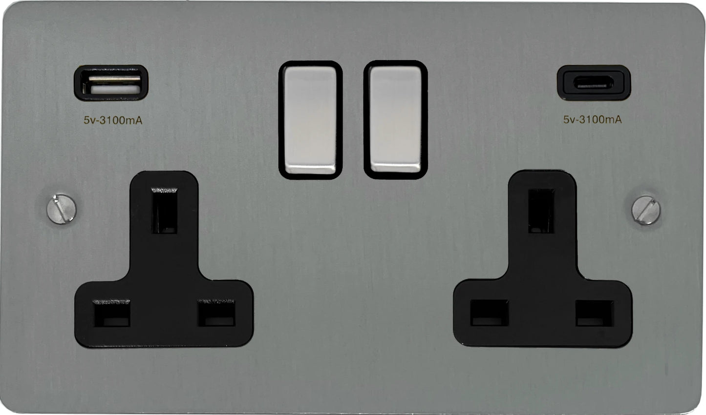 Flat Brushed Steel 2 Gang USBC Double Socket