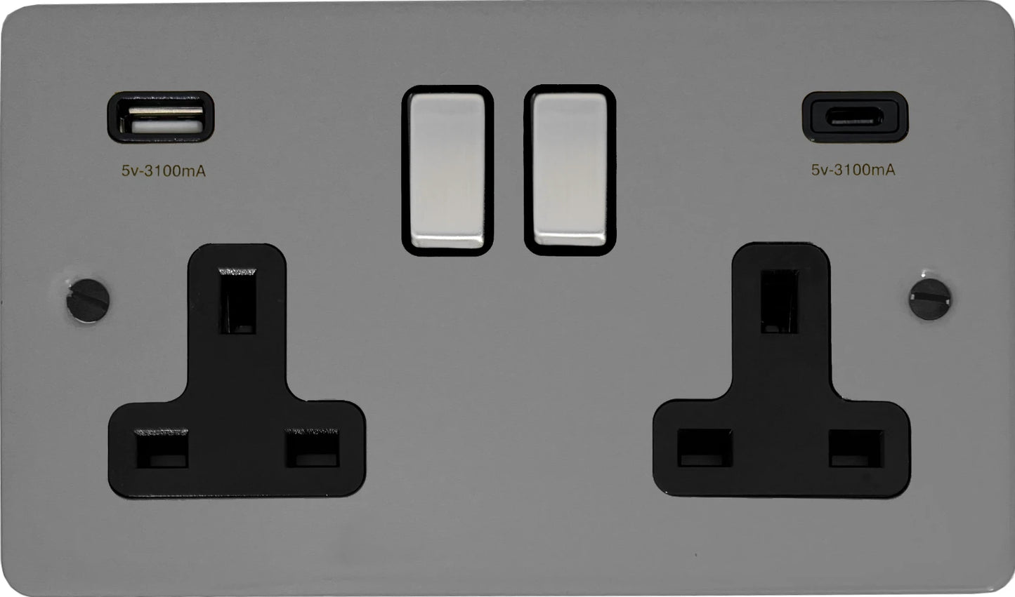 Flat Light Grey 2 Gang Socket C/W USBC Ports
