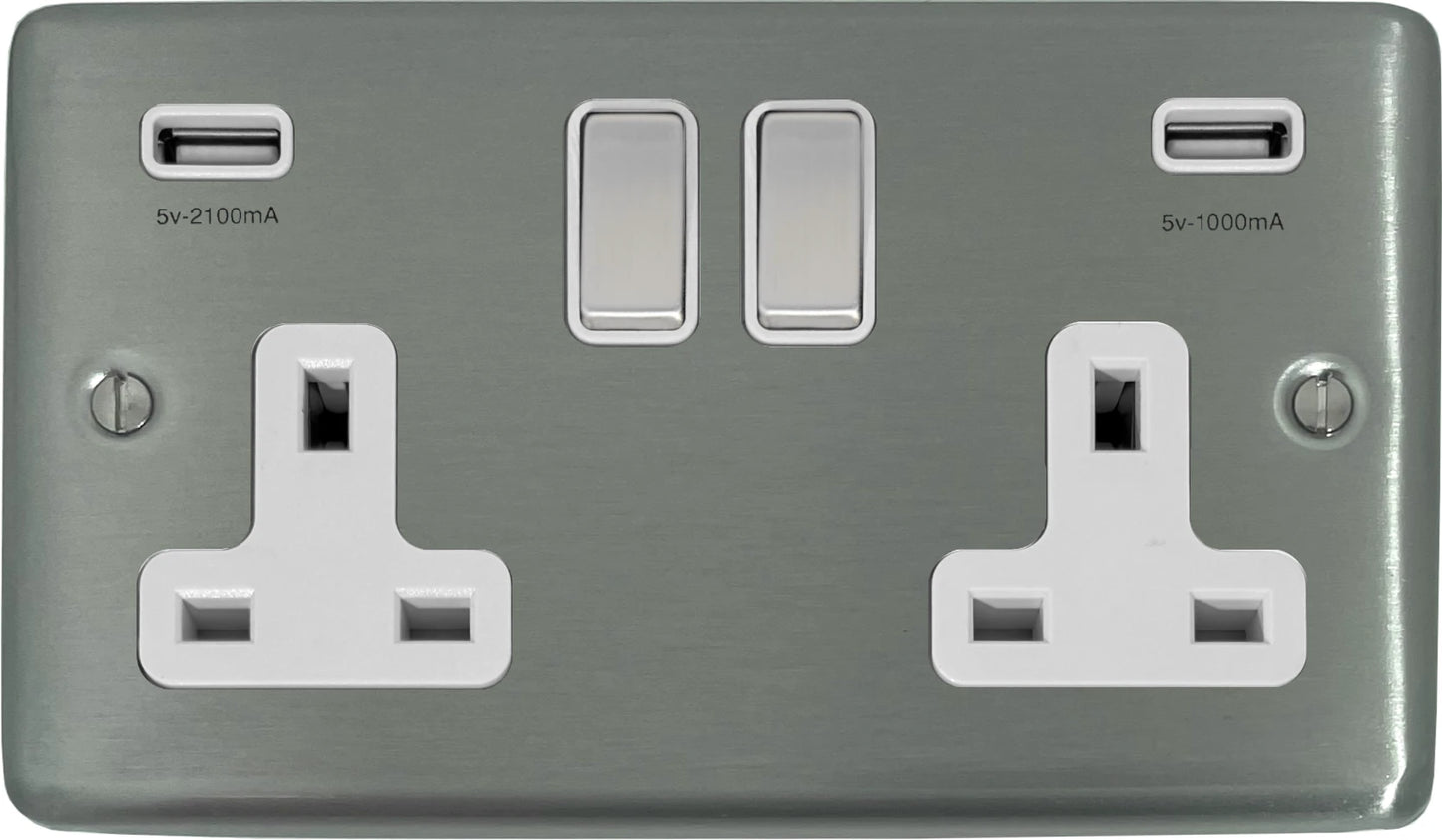 Contour Brushed Steel 2 Gang Socket + Usb