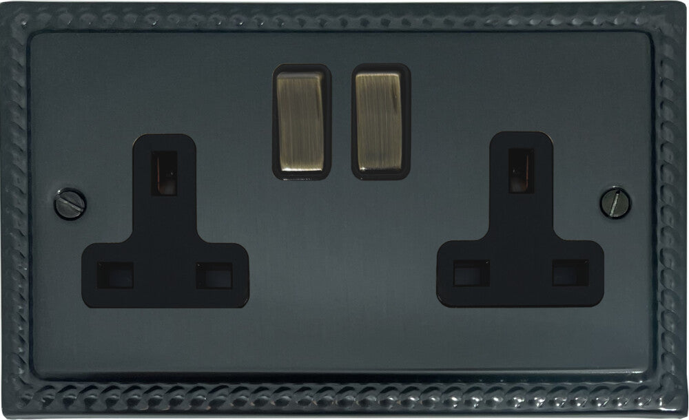 Georgian Black Bronze 2 Gang Socket (Antique Brass Switches)