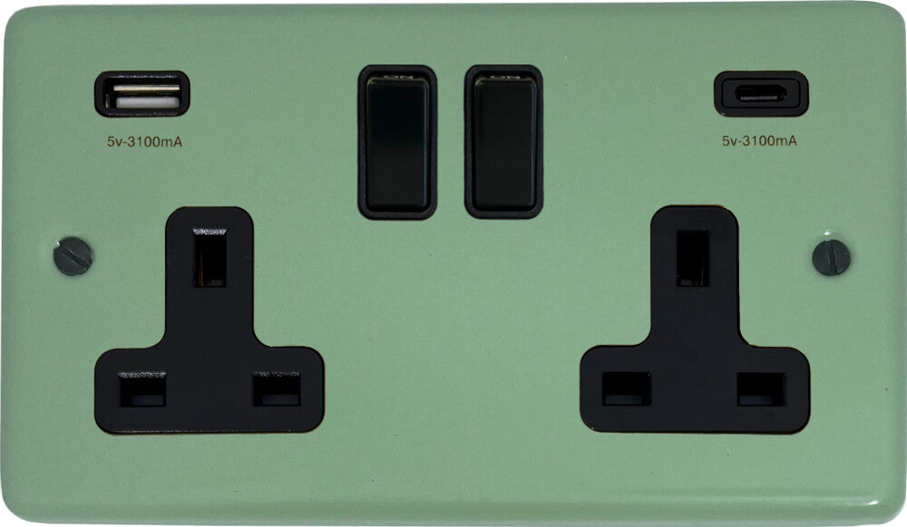 Classic Sage Green 2 Gang Socket with USBC (Black Switches)