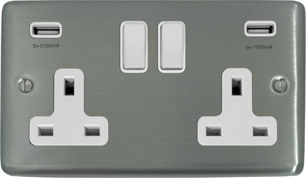 Contour Brushed Steel 2 Gang Socket + Usb