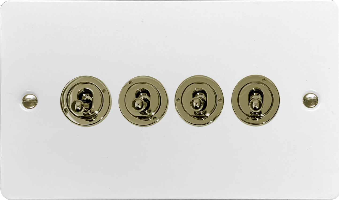 Flat White 4 Gang Toggle (Polished Brass Toggle)