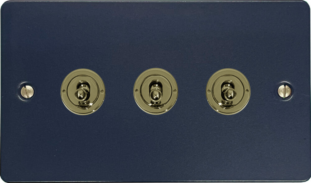 Flat Blue 3 Gang Toggle (Polished Brass Toggle)