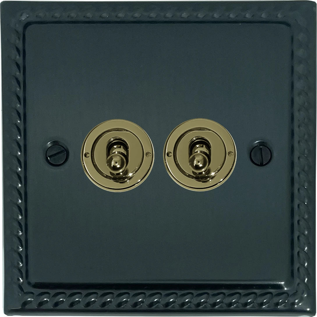 Georgian Black Bronze 2 Gang Toggle Switch (Polished Brass Toggles)