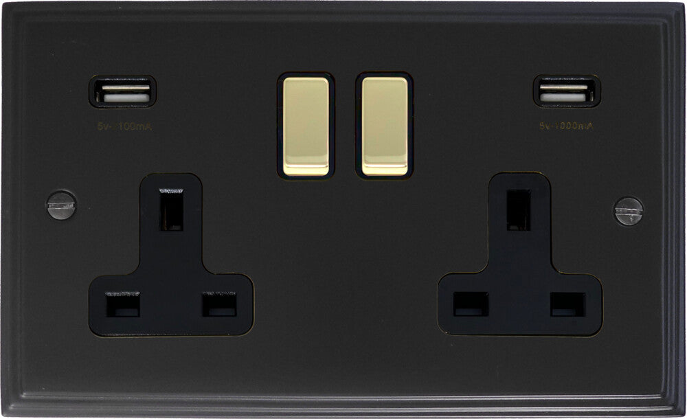 Victorian Flat Black 2 Gang Socket C/W Usb Ports