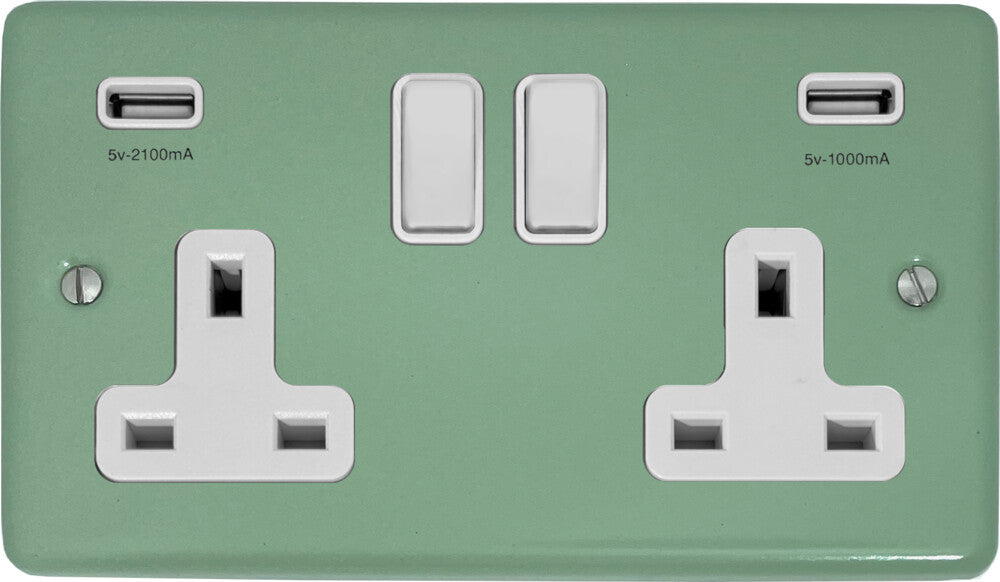 Classic Sage Green 2 Gang Socket with USBC (White Switches)